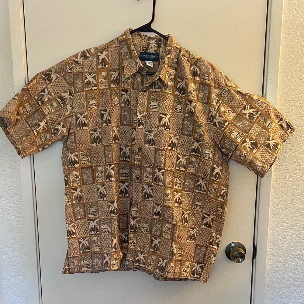 Cooke Street  Brown and Tan Palm-Print Short-Sleeve Camp Shirt